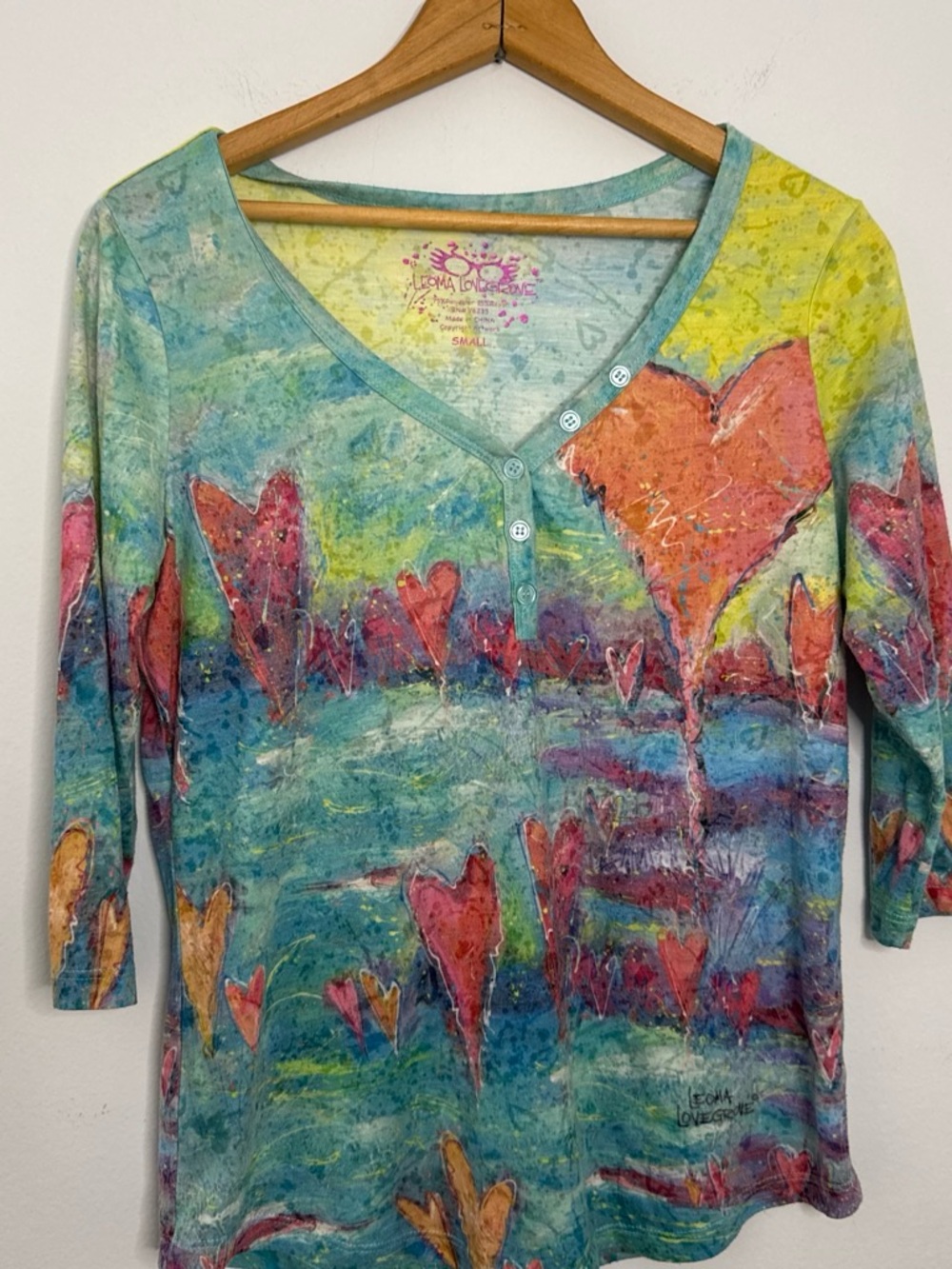 Colorful Heart Print V-Neck Henley Top Art To Wear Cottagecore Watercolor